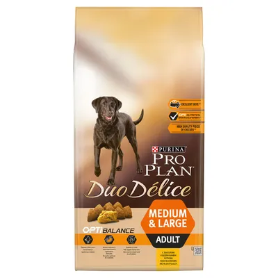 Purina Pro Plan Duo Délice Medium & Large Adult, karma dla psów, OptiBalance, widoczne kawałki karmy i tekst: excellent taste, opti nutrition, high quality pieces of chicken.