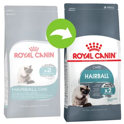 Promjena pakiranja Royal Canin Hairball Care suhe hrane za mačke, prikazane stare i nove vrećice s tekstom 'PROVEN RESULTS x2 HAIR EXCRETION IN 14 DAYS' i slikom mačke.