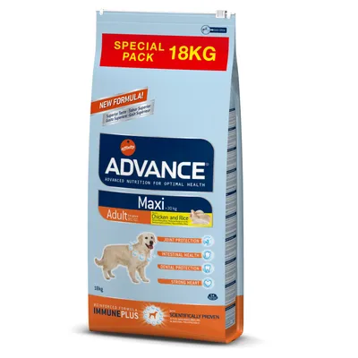 Saco de pienso Affinity Advance Maxi Adult >30 kg, 18 kg, sabor pollo y arroz. Texto visible: Special Pack 18KG, New Formula, Joint Protection, Intestinal Health, Dental Protection, Strong Heart.