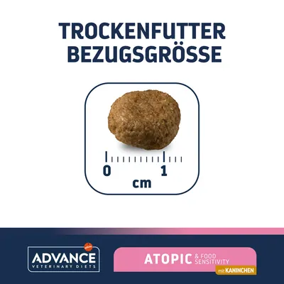 Trockenfutter Bezugsgrösse: Durchmesser ca. 1 cm. Advance Veterinary Diets Atopic & Food Sensitivity mit Kaninchen.