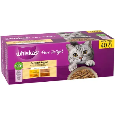 whiskas Pure Delight Fjerkræ Ragout Mega Pack 40 portioner, 100% afbalancerede måltider, Fodringsanbefaling og næringsværditabel synlig på emballagen. whiskas Pure Delight Fjerkræ Ragout Mega Pack 40 portioner, 100% afbalancerede måltider, Fodringsanbefaling og næringsværditabel synlig på emballagen.