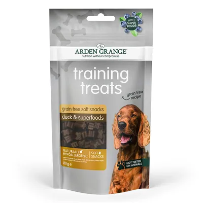 Training treats, grain free soft snacks with duck and superfoods, naturally hypoallergenic, soft snacks, not tested on animals, 80g pack, with superfoods label visible.