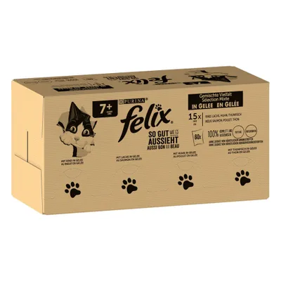 Emballage Purina Felix 7+ ans, sélection mixte en gelée, 15x sachets bœuf, saumon, poulet, thon. Texte visible : 'Aussi bon que beau', 100 % protéines animales, sans arômes artificiels.