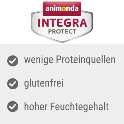 Animonda Integra Protect. Wenige Proteinquellen, glutenfrei, hoher Feuchtgehalt.