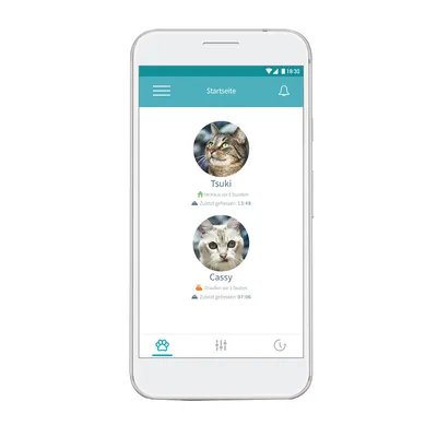 Smartphone-App zeigt Status von zwei Katzen: Tsuki im Haus, zuletzt gefressen um 13:48; Cassy draussen, zuletzt gefressen um 07:06.