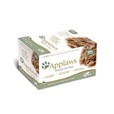 Applaws Natural Cat Food -pakkaus, Multipack Fish Selection. Näkyvissä teksti: 100 % luonnolliset ainesosat. Kuvassa tuotteen nimi ja kuva kissanruoasta.