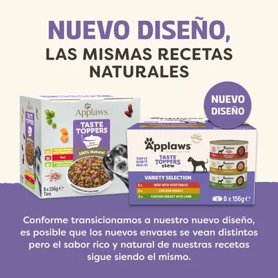 Applaws Taste Toppers con nuevo diseño de envase, mismas recetas naturales. Variedades: ternera con verduras, pechuga de pollo, pechuga de pollo con cordero. 8 x 156 g latas.