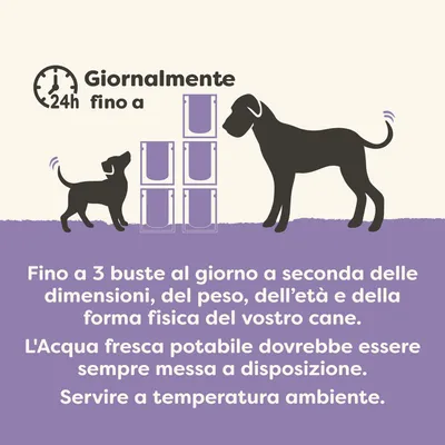 Razioni consigliate: Fino a 3 bustine al giorno, a seconda della taglia, del peso, dell'età e della condizione fisica del cane. Mettere a disposizione acqua potabile fresca. Servire a temperatura ambiente. Razioni consigliate: Fino a 3 bustine al giorno, a seconda della taglia, del peso, dell'età e della condizione fisica del cane. Mettere a disposizione acqua potabile fresca. Servire a temperatura ambiente.