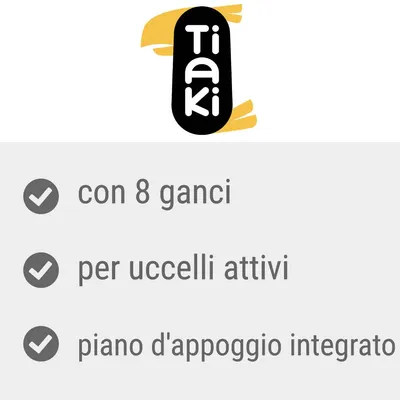 Tiaki, con 8 ganci, per uccelli attivi, piano d'appoggio integrato