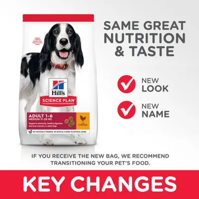 Hill's Science Plan Adult 1–6 Medium 11–25 kg Chicken -koiranruokapakkaus. Teksti: Same great nutrition & taste, new look, new name, key changes. Tuotemerkki ja tuotenimi näkyvissä.