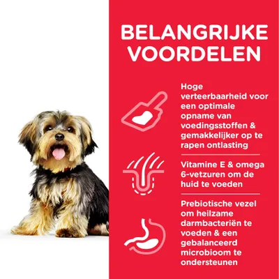 BELANGRIJKE VOORDELEN: hoge verteerbaarheid, vitamine E & omega 6-vetzuren voor huid, prebiotische vezel voor darmbacteriën en gebalanceerd microbioom. Tekst in het Nederlands.