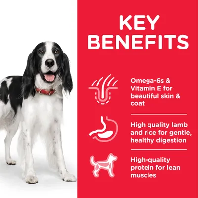 Key benefits: Omega-6s and Vitamin E for skin and coat, high quality lamb and rice for healthy digestion, high-quality protein for lean muscles.