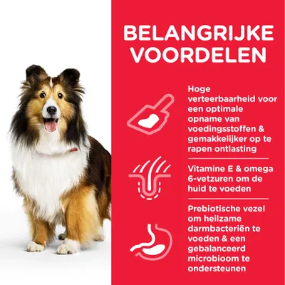 BELANGRIJKE VOORDELEN: hoge verteerbaarheid, vitamine E & omega 6-vetzuren voor de huid, prebiotische vezel voor darmbacteriën en gebalanceerd microbioom. Tekst in het Nederlands.
