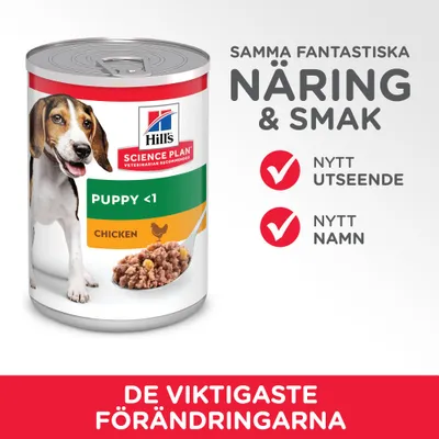 Hill's Science Plan Puppy <1 Chicken burk. Text: Samma fantastiska näring & smak, nytt utseende, nytt namn. De viktigaste förändringarna.