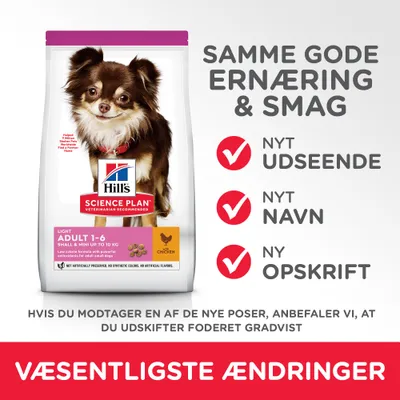 Hill's Science Plan Adult 1-6 Small & Mini hundefoder med kylling. Samme gode ernæring og smag, nyt udseende, nyt navn, ny opskrift. Væsentligste ændringer fremhævet.