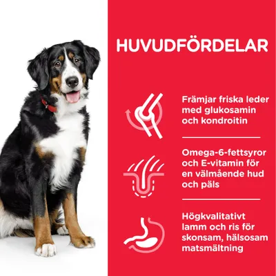 HUVUDFÖRDELAR: Främjar friska leder med glukosamin och kondroitin, Omega-6-fettsyror och E-vitamin för hud och päls, högkvalitativt lamm och ris för skonsam matsmältning.