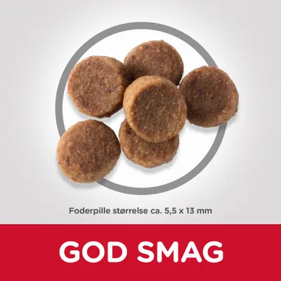 Foderpille størrelse ca. 5,5 × 13 mm. Tekst: GOD SMAG