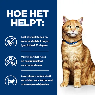 Hoe het helpt: Lost struvietstenen op, soms in 7 dagen (gemiddeld 27). Vermindert risico op calciumoxalaat- en struvietstenen. Levenslang voeren biedt voordelen voor katten met urinewegproblemen.