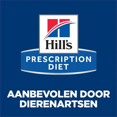 Hill's Prescription Diet, aanbevolen door dierenartsen. Tekst in het Engels en Nederlands zichtbaar op de afbeelding.