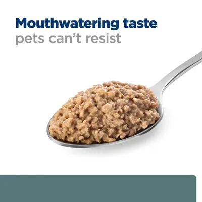 Spoonful of pet food with the text: Mouthwatering taste pets can’t resist.