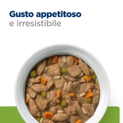 Testo: Gusto appetitoso e irresistibile. Ciotola bianca con bocconcini di carne, piselli, carote e riso in salsa.