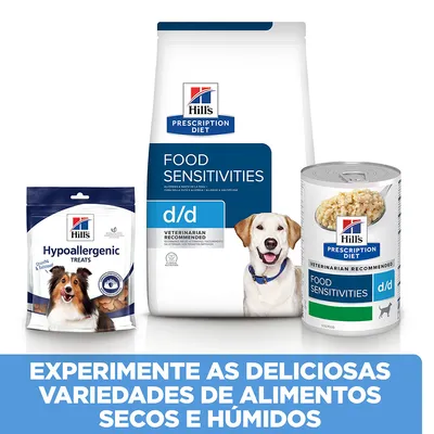 Hill's Prescription Diet Food Sensitivities d/d seco e húmido, Hill's Hypoallergenic Treats. Texto: Experimente as deliciosas variedades de alimentos secos e húmidos.