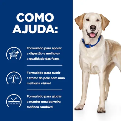 Como ajuda: formulado para apoiar a digestão e melhorar a qualidade das fezes, nutrir e tratar da pele com melhoria visível, ajudar a manter uma barreira cutânea saudável.