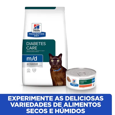 Hill's Prescription Diet Diabetes Care m/d para gatos, embalagem de alimento seco e lata de alimento húmido visíveis. Texto: Experimente as deliciosas variedades de alimentos secos e húmidos.