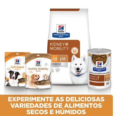 Vários produtos Hill's Prescription Diet para cães: ração seca Kidney+Mobility k/d j/d, biscoitos Soft-Baked, Healthy Mobility Treats e comida húmida. Texto: Experimente as deliciosas variedades de alimentos secos e húmidos.