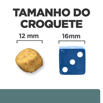Tamanho do croquete: comparação visual entre um croquete de 12 mm e um dado azul de 16 mm. Texto visível: 'TAMANHO DO CROQUETE', '12 mm', '16 mm'.