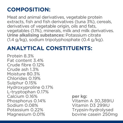 Összetétel és analitikai alkotók angolul: hús, hal (tonhal 3%), növényi fehérje, gabona, olajok, vitaminok; fehérje 8,3 %, zsír 3,4 %, nedvesség 80,3 %, vitamin A 30 389 IU/kg.