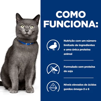 Como funciona: Nutrição com um número limitado de ingredientes e uma única proteína animal. Formulado sem proteína de soja. Níveis elevados de ácidos gordos ómega-3 e 6.