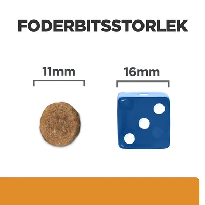 Foderbitsstorlek: foderbit 11 mm bred jämförs med blå tärning 16 mm bred. Texten 'FODERBITSSTORLEK', '11 mm' och '16 mm' syns ovanför respektive objekt.