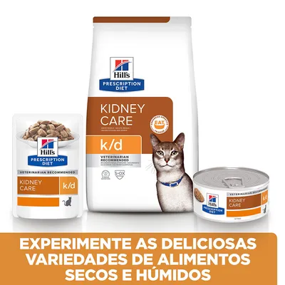Hill's Prescription Diet Kidney Care k/d para gatos, embalagem de ração seca, saqueta e lata. Texto: Experimente as deliciosas variedades de alimentos secos e húmidos.