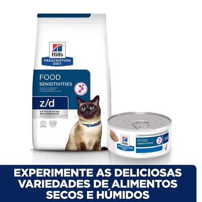 Hill's Prescription Diet Food Sensitivities z/d para gatos, embalagem de ração seca e lata de alimento húmido. Texto: Experimente as deliciosas variedades de alimentos secos e húmidos.