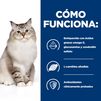 Cómo funciona: Enriquecido con ácidos grasos omega-3, glucosamina y condroitín sulfato. L-carnitina añadida. Antioxidantes clínicamente probados. Imagen de un gato.