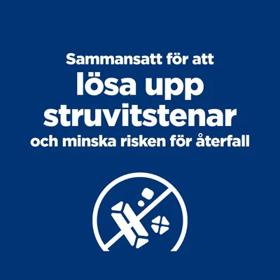 Sammansatt för att lösa upp struvitstenar och minska risken för återfall. Text med symbol av överkryssade kristaller.
