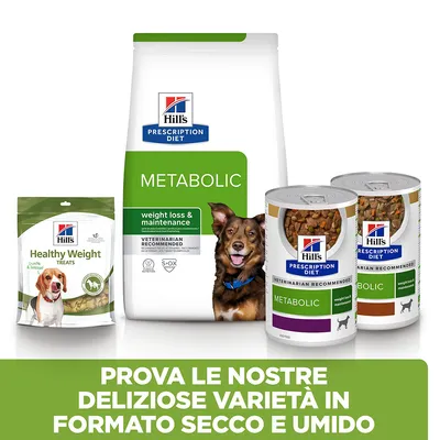Hill's Prescription Diet Metabolic per cani, confezioni di crocchette, snack Healthy Weight Treats e due lattine umido. Testo: Prova le nostre deliziose varietà in formato secco e umido.