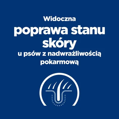 Widoczna poprawa stanu skóry u psów z nadwrażliwością pokarmową – tekst na niebieskim tle, poniżej grafika skóry i włosów.