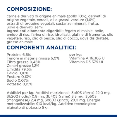 Composizione: carne e derivati animali (pollo 10%), cereali, oli, grassi, verdure 1,6%. Componenti analitici: proteine 6,6%, grassi 5%, umidità 79,5%, vitamina A 16.303 UI/kg, D3 379 UI/kg.