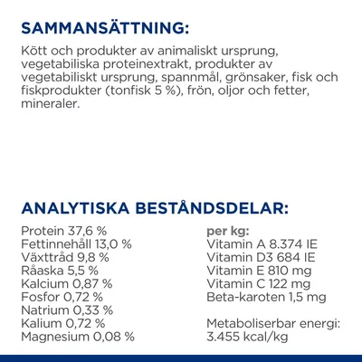 Sammansättning: kött, animaliska produkter, vegetabiliskt protein, spannmål, grönsaker, fisk (tonfisk 5 %), frön, oljor, mineraler. Analys: protein 37,6 %, fett 13 %, fiber 9,8 %, energi 3.455 kcal/kg.