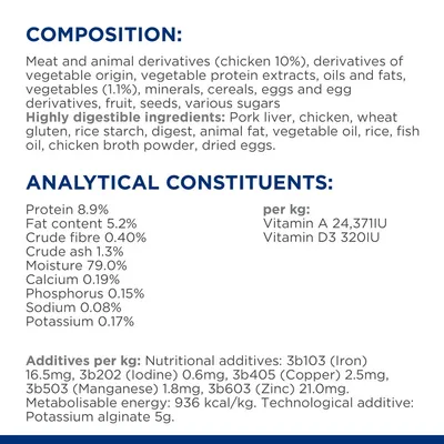 Image shows product composition, highly digestible ingredients, analytical constituents including protein 8.9%, fat 5.2%, vitamins A and D3, additives per kg, and metabolizable energy.