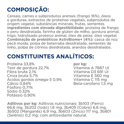 Composição: cereais, carnes e subprodutos animais (frango 16%), óleos, gorduras, proteínas vegetais, frutas, sementes. Proteína 33,8 %, gordura 22,7 %, fibra 2,1 %, vitaminas A, D3, E, C.