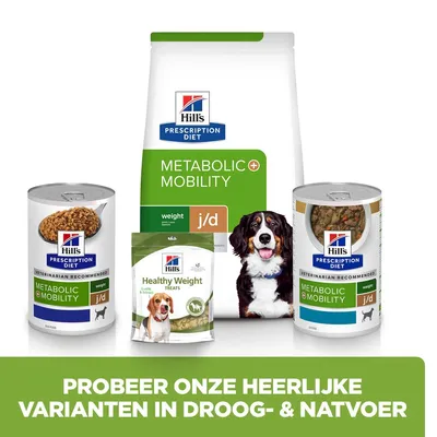Hill's Prescription Diet Metabolic + Mobility j/d hondenvoer, blik en droogvoer, Healthy Weight Treats. Tekst: Probeer onze heerlijke varianten in droog- & natvoer.