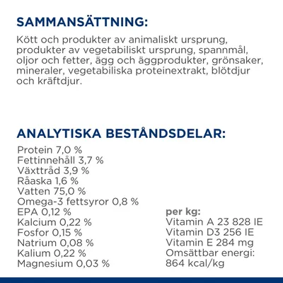 Sammansättning: animaliska och vegetabiliska produkter, spannmål, oljor, ägg, grönsaker, mineraler. Analys: protein 7 %, fett 3,7 %, vatten 75 %, vitaminer A, D3, E, energi 864 kcal/kg.