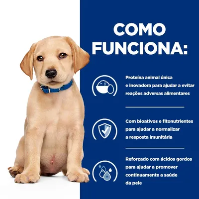 COMO FUNCIONA: Proteína animal única para evitar reações adversas alimentares, bioativos e fitonutrientes para resposta imunitária, ácidos gordos para saúde da pele.