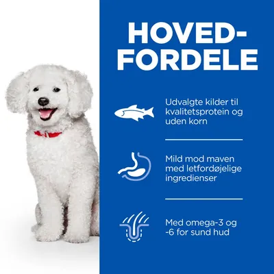 HOVEDFORDELE: Udvalgte kilder til kvalitetsprotein og uden korn. Mild mod maven med letfordøjelige ingredienser. Med omega-3 og -6 for sund hud.
