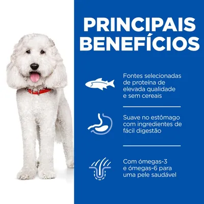 PRINCIPAIS BENEFÍCIOS: Fontes selecionadas de proteína de elevada qualidade e sem cereais; suave no estômago com ingredientes de fácil digestão; com ómegas-3 e ómegas-6 para uma pele saudável.