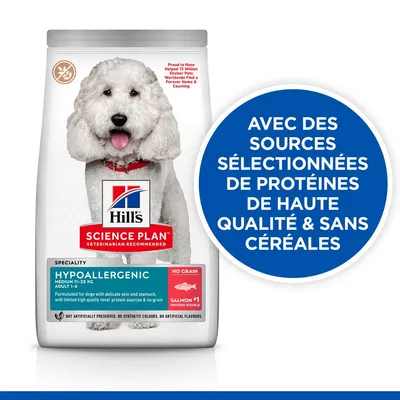 Hill's Science Plan Hypoallergenic pour chiens moyens 11–25 kg, adulte 1–6 ans, saumon comme source principale de protéines, sans céréales. Texte : sources sélectionnées de protéines de haute qualité.