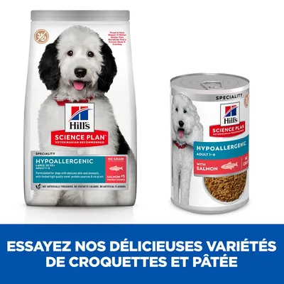 Hill’s Science Plan Hypoallergenic croquettes et pâtée pour chien, Adult 1–6, saumon, sans céréales. Texte : Essayez nos délicieuses variétés de croquettes et pâtée.